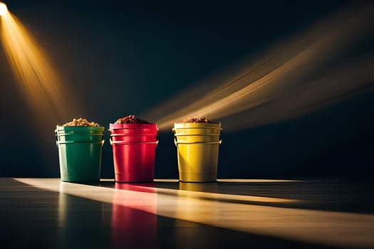 three colorful cups on a table with a spotlight. AI-Generated photo