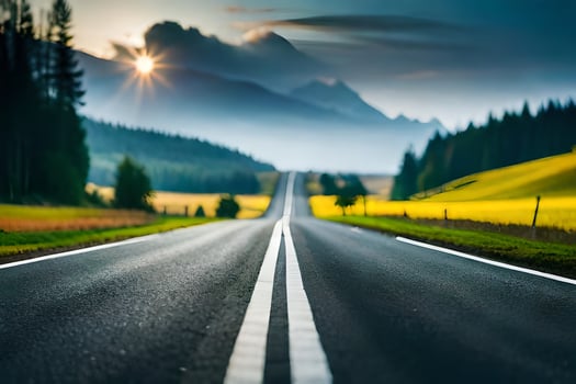 a long empty road with mountains in the background. AI-Generated photo