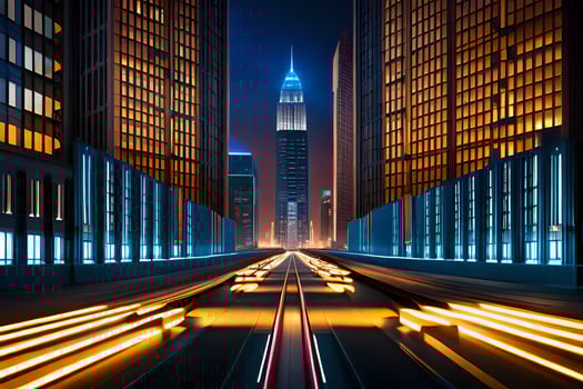 a city street at night with lights on the buildings. AI-Generated photo