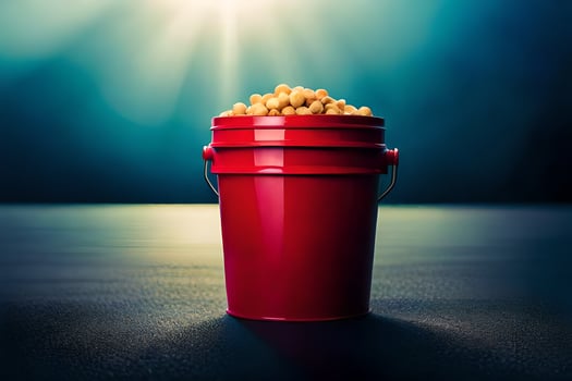 a red bucket filled with peanuts on a table. AI-Generated photo