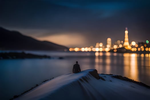 a lone figure stands on a snowy hill overlooking the city lights. AI-Generated photo