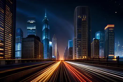 a city at night with lights on the road. AI-Generated photo
