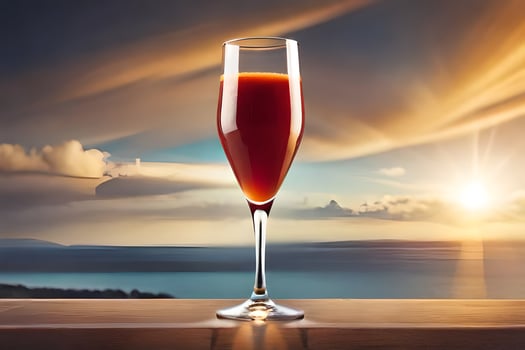 a glass of orange juice on a table in front of the ocean. AI-Generated photo