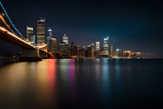 the city skyline at night with a bridge over water. AI-Generated photo