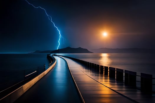 a long pier with a lightning bolt coming out of the sky. AI-Generated photo