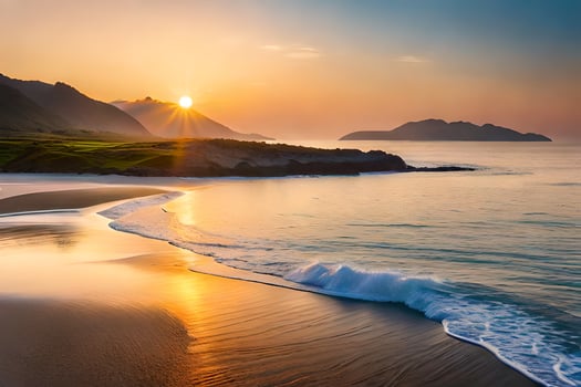 the sun rises over a beach and mountains. AI-Generated photo