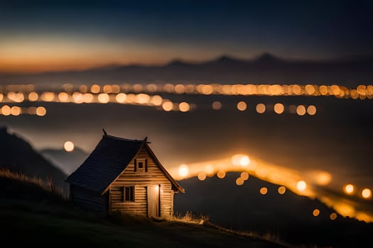 a small house on top of a hill at night. AI-Generated photo