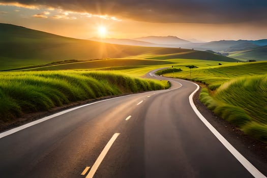 a road in the countryside with the sun setting. AI-Generated photo