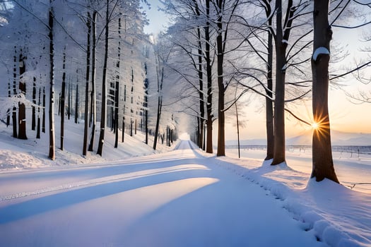 a snowy road with trees and sun. AI-Generated photo