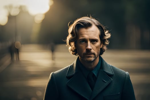 a man with long hair and a suit is standing in a city. AI-Generated photo
