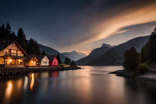 photo wallpaper the sky, mountains, lake, houses, the sky, mountains, the sky,. AI-Generated