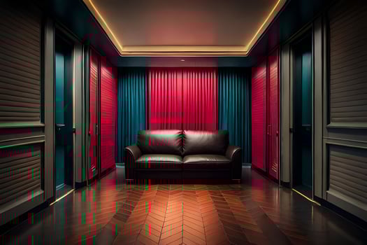 a room with a leather couch and red curtains. AI-Generated photo