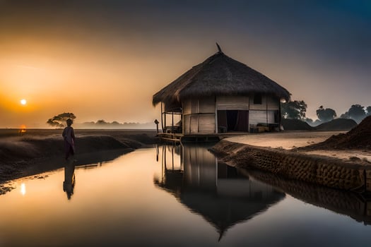 a small hut sits on the edge of a body of water. AI-Generated photo