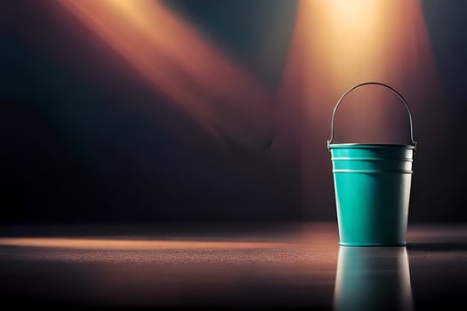 a green bucket sitting on a table in front of a spotlight. AI-Generated photo