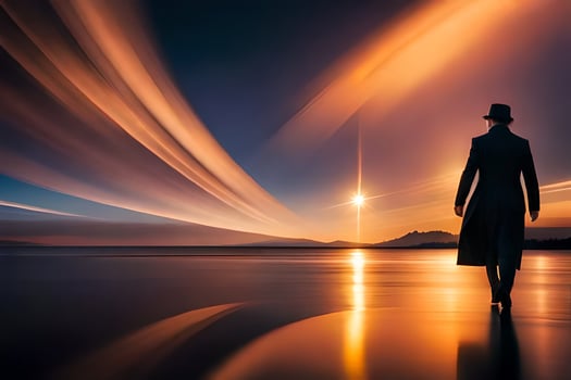 a man in a hat walks along the beach at sunset. AI-Generated photo