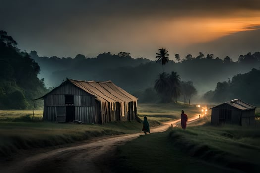 two people walk down a dirt road in front of a house. AI-Generated photo
