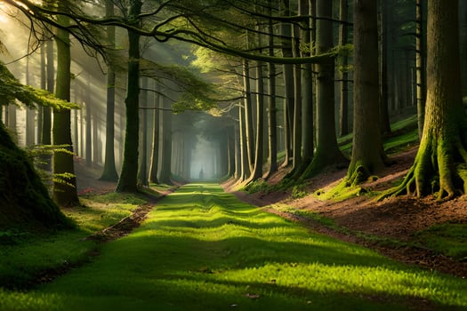 a path through a forest with trees and grass. AI-Generated photo
