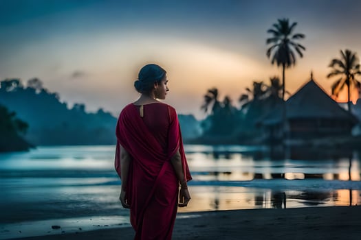 a woman in a red sari stands on the beach at sunset. AI-Generated photo