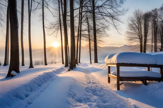 a bench sits in the snow next to trees. AI-Generated photo