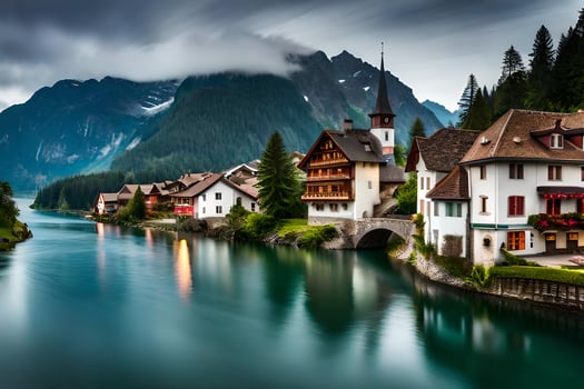 photo wallpaper the sky, mountains, water, houses, lake, switzerland, alpine,. AI-Generated