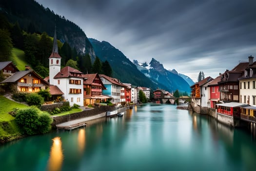 a river runs through a town in the mountains. AI-Generated photo