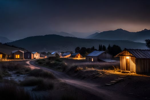 a small village at night with mountains in the background. AI-Generated photo