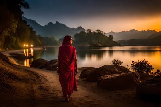 a woman in a red dress walks along the shore of a lake at sunset. AI-Generated photo