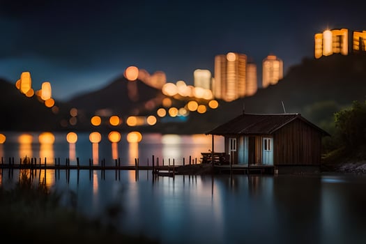 photo wallpaper the night, lake, city, lights, the city, the lights, the city. AI-Generated