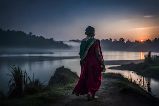 a woman in a red sari walks along a path near a river. AI-Generated photo