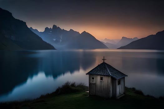 a small wooden hut sits on the shore of a lake. AI-Generated photo