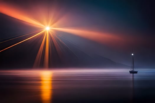 a boat is in the water with the sun shining. AI-Generated photo