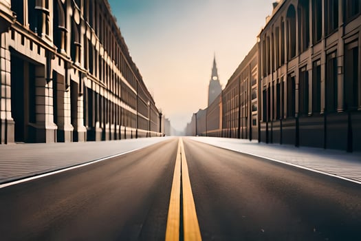 an empty street with a yellow line on it. AI-Generated photo