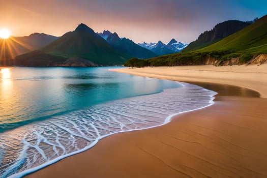 the sun sets over a beach and mountains. AI-Generated photo