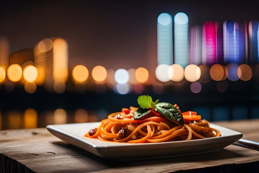 a plate of spaghetti with a cityscape in the background. AI-Generated photo