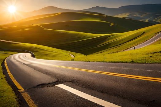 a winding road in the middle of a green field. AI-Generated photo