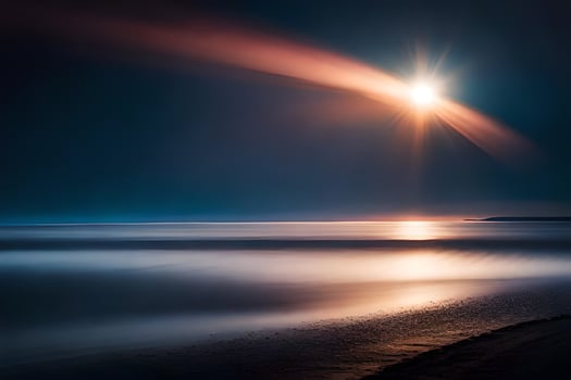 a long exposure photograph of the sun shining over the ocean. AI-Generated photo