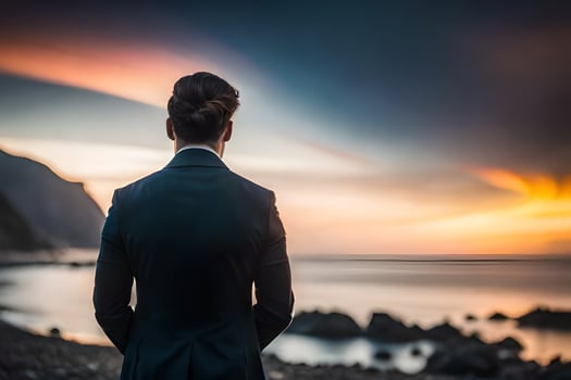 a man in a suit stands by the ocean at sunset. AI-Generated photo