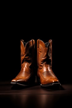 A pair of brown cowboy boots against a dark background.Generative AI photo
