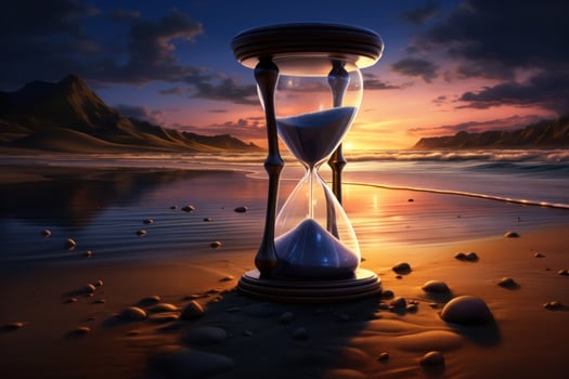 Hourglass on sand beach at sunset. Generative AI photo