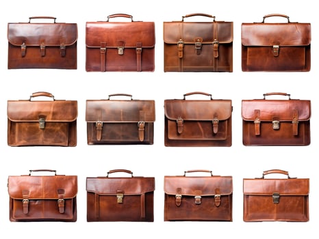 Vintage brown leather briefcase collection isolated on white background with AI generated. photo