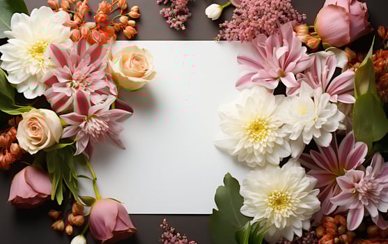 Mock up white blank paper sheet with Bouquet colorful flowers. Top view floral template empty card flat lay. vintage card. AI Generated photo