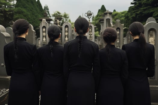 A group of young people in a cemetery looking at the tombstones AI generated photo
