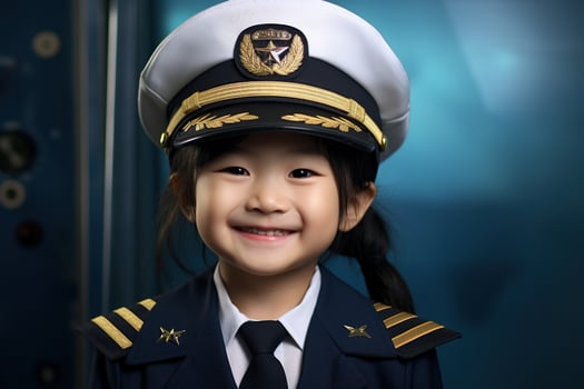 Portrait of a cute asian little girl in a pilot uniform AI generated photo