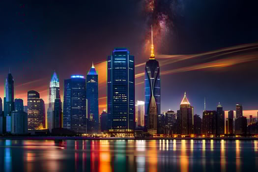 the city skyline at night with a bright sky. AI-Generated photo