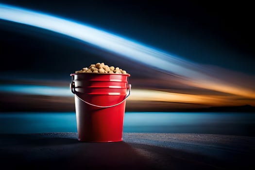 a red bucket filled with peanuts sitting on a table. AI-Generated photo