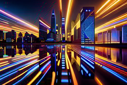 a city at night with lights and speed streaks. AI-Generated photo