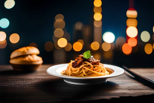 a plate of spaghetti with meat and a chopstick on a wooden table in front of a city. AI-Generated photo