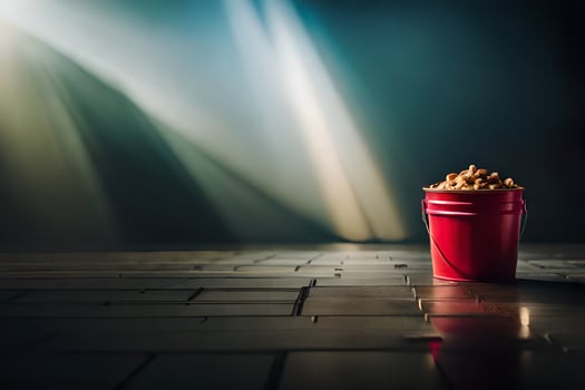 a bucket of popcorn on a dark floor. AI-Generated photo