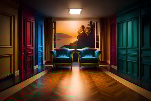 two chairs in a room with a wall painted in bright colors. AI-Generated photo