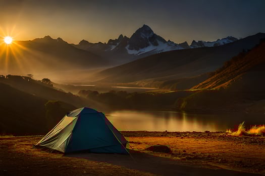 the sun rises over the mountains and the tent is lit up. AI-Generated photo
